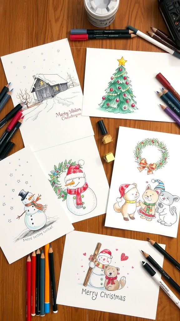 A variety of Christmas card sketches including a cabin, tree, snowman, wreath, and animals on a table with art supplies.